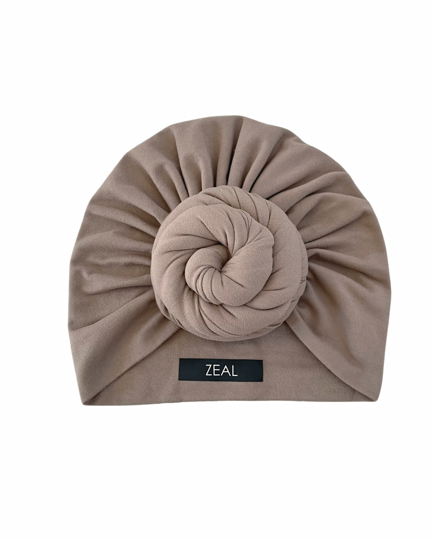 Taupe pre-tied headwrap | Very stretchy | Lightweight with medium sized bun | Chemo cap